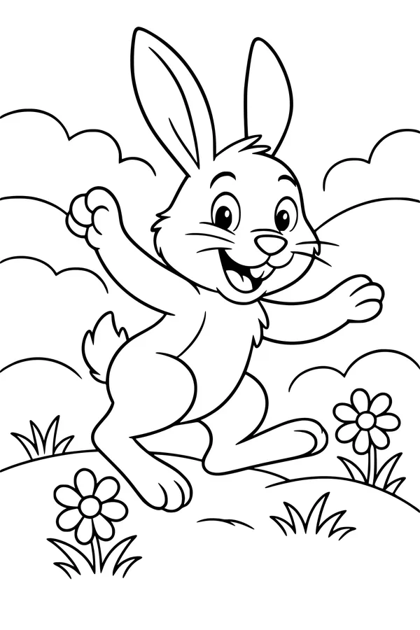 Free Hare Coloring Page - Cartoon Bunny Hopping in Sunny Meadow (Printable PDF)