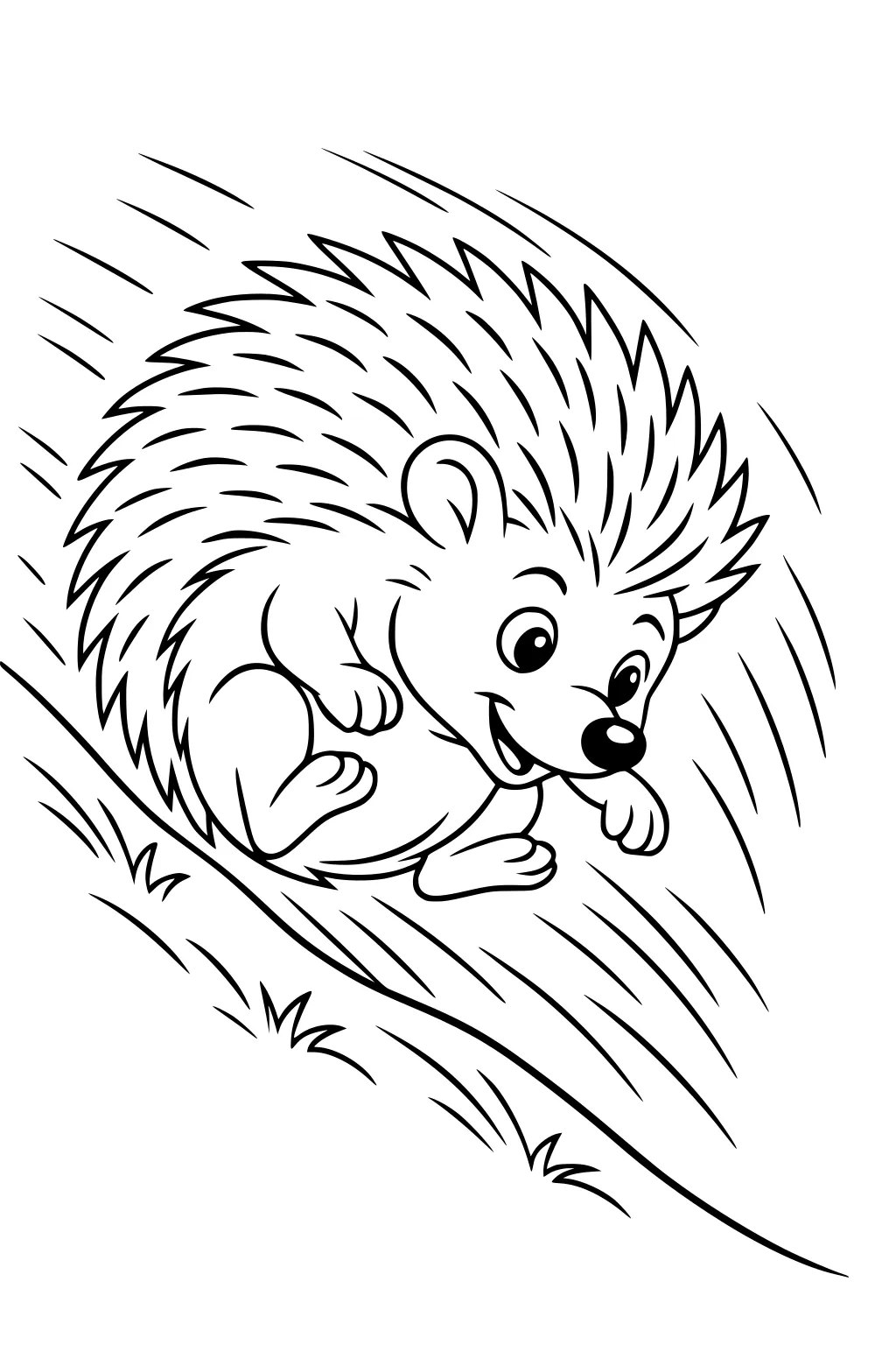 Cartoon hedgehog rolling down a hill with a big smile and spiky fur, surrounded by motion lines and patches of grass.