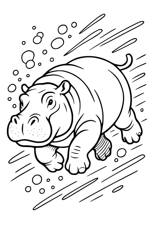 Free Hippopotamus Coloring Page - Playful Underwater Bubbles (Printable PDF)