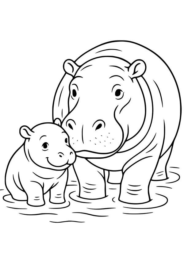 Free Hippopotamus Coloring Page - Mother And Baby In Shallow Pond (Printable PDF)