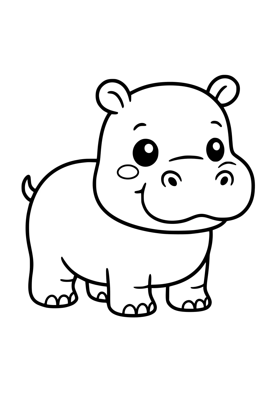 Cartoon hippopotamus with a big smile standing on four legs, ears up, and a short curved tail.