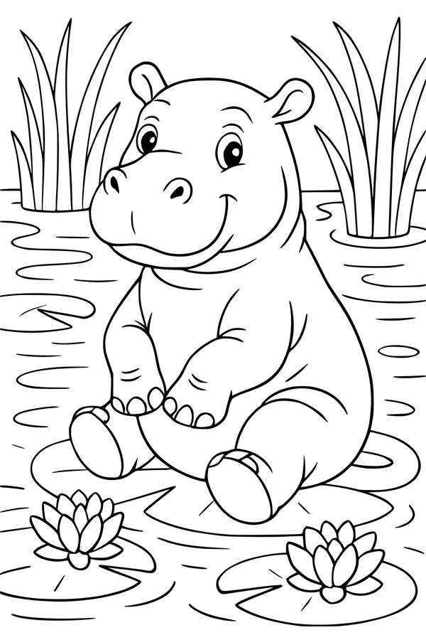 Free Hippopotamus Coloring Page - Smiling Hippo in Lily Pond (Printable PDF)