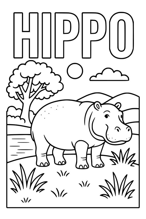 Free Hippo Coloring Page - Happy Hippopotamus By The River (Printable PDF)