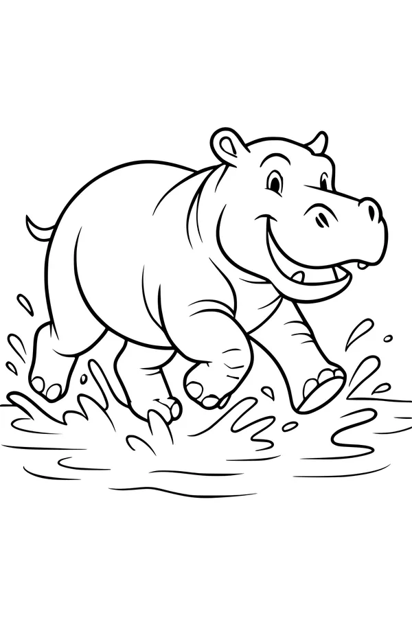 Free Hippopotamus Coloring Page - Happy Cartoon Hippo Splashing in Water (Printable PDF)