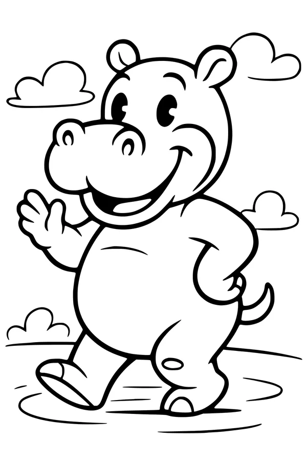 Free Hippopotamus Coloring Page - Smiling Cartoon Hippo Walking Outdoors (Printable PDF)