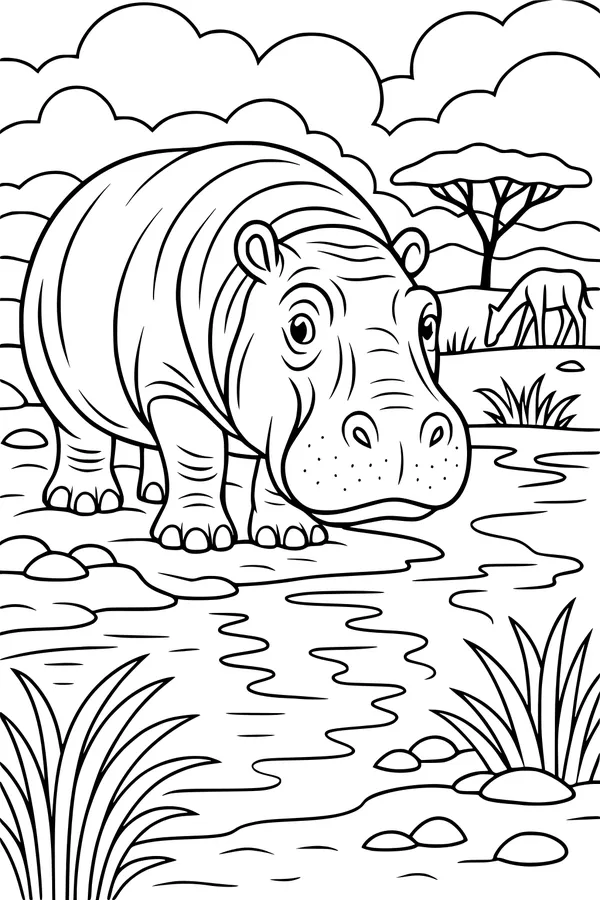 Free Hippopotamus Coloring Page - Hippo By Savanna Pond With Giraffe (Printable PDF)