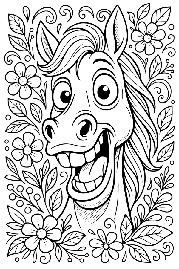 Free Horse Coloring Page - Smiling Cartoon Horse in Flower Patch (Printable PDF)