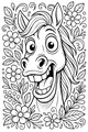 Free Horse Coloring Page - Smiling Cartoon Horse in Flower Patch (Printable PDF)