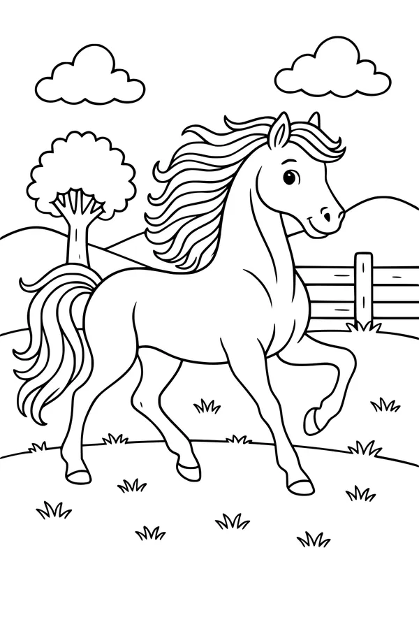 Free Horse Coloring Page - Happy Horse Trotting in Sunny Meadow (Printable PDF)