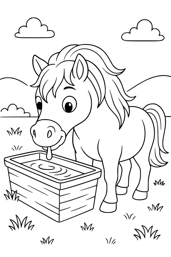 Free Horse Coloring Page - Cartoon Horse at Water Trough (Printable PDF)