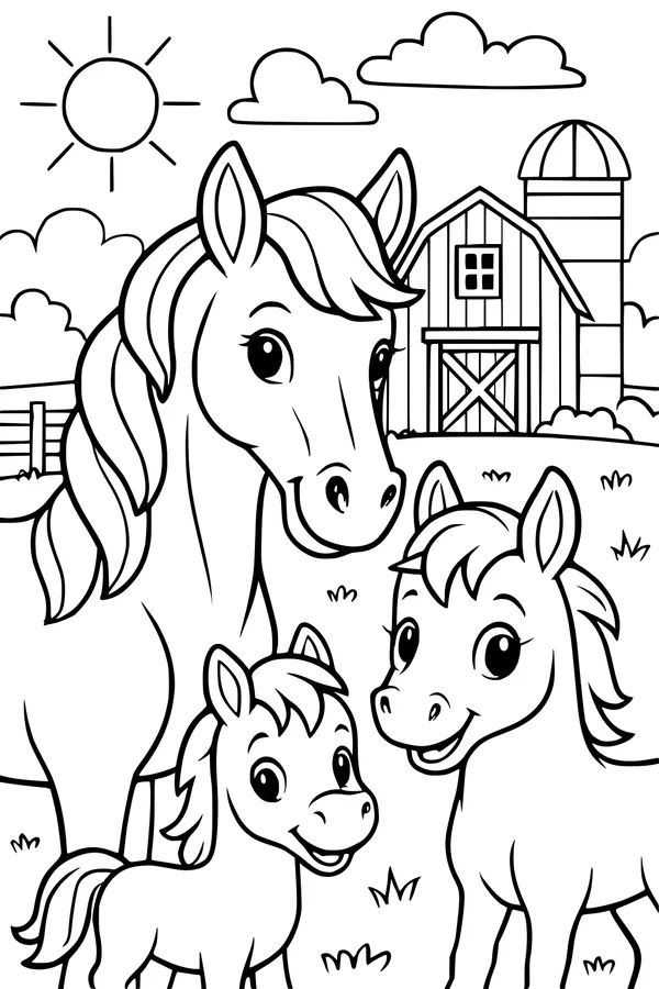 Free Horse Coloring Page - Mother Horse With Foals at Sunny Barn (Printable PDF)
