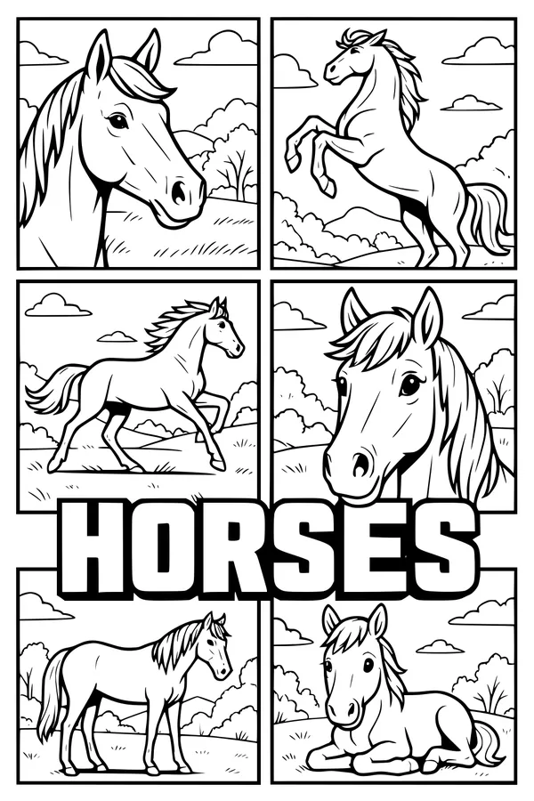 Free Horse Coloring Page - Happy Herd in Meadow Panels (Printable PDF)