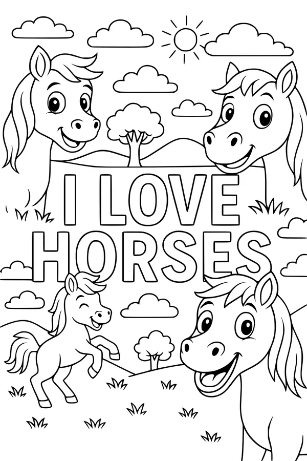 Free Horse Coloring Page - Happy Cartoon Horses With I Love Horses Sign (Printable PDF)