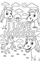 Free Horse Coloring Page - Happy Cartoon Horses With I Love Horses Sign (Printable PDF)
