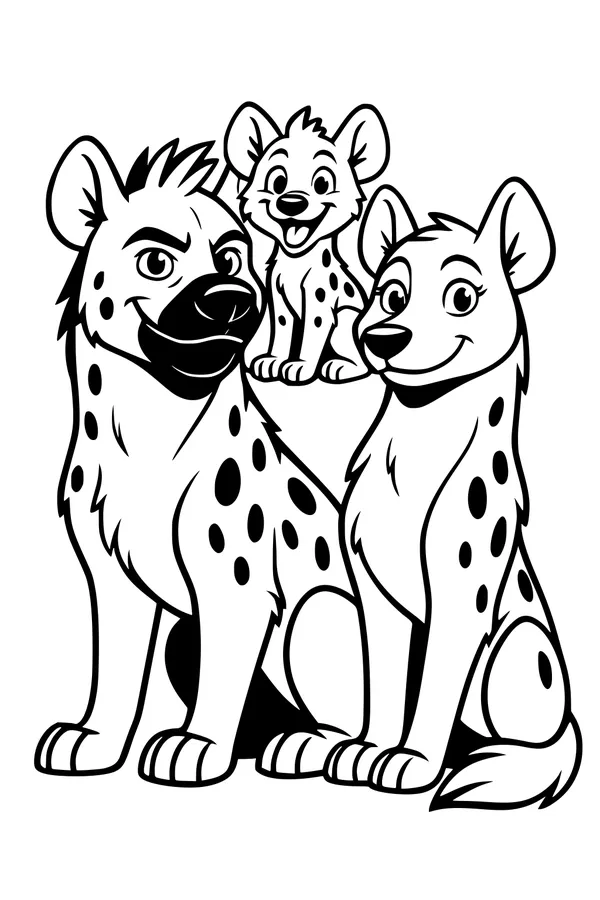 Free Hyena Coloring Page - Spotted Family With Playful Pup (Printable PDF)