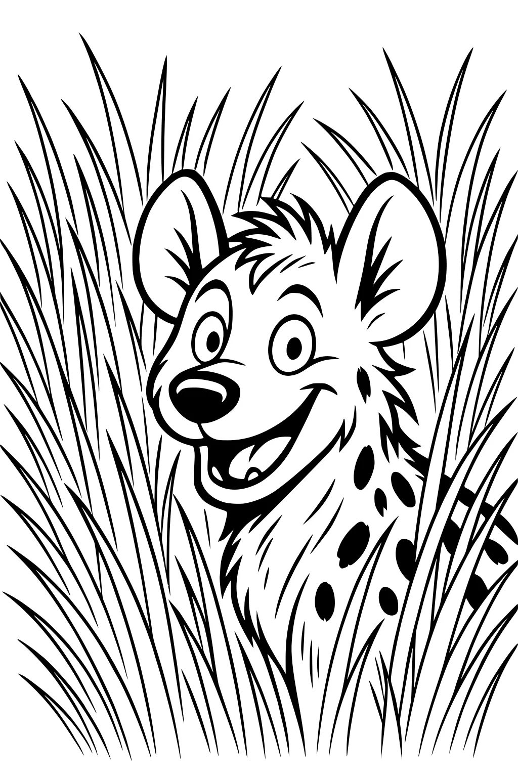 Smiling cartoon hyena with spots peeking out from tall grass with a big open mouth and wide eyes.