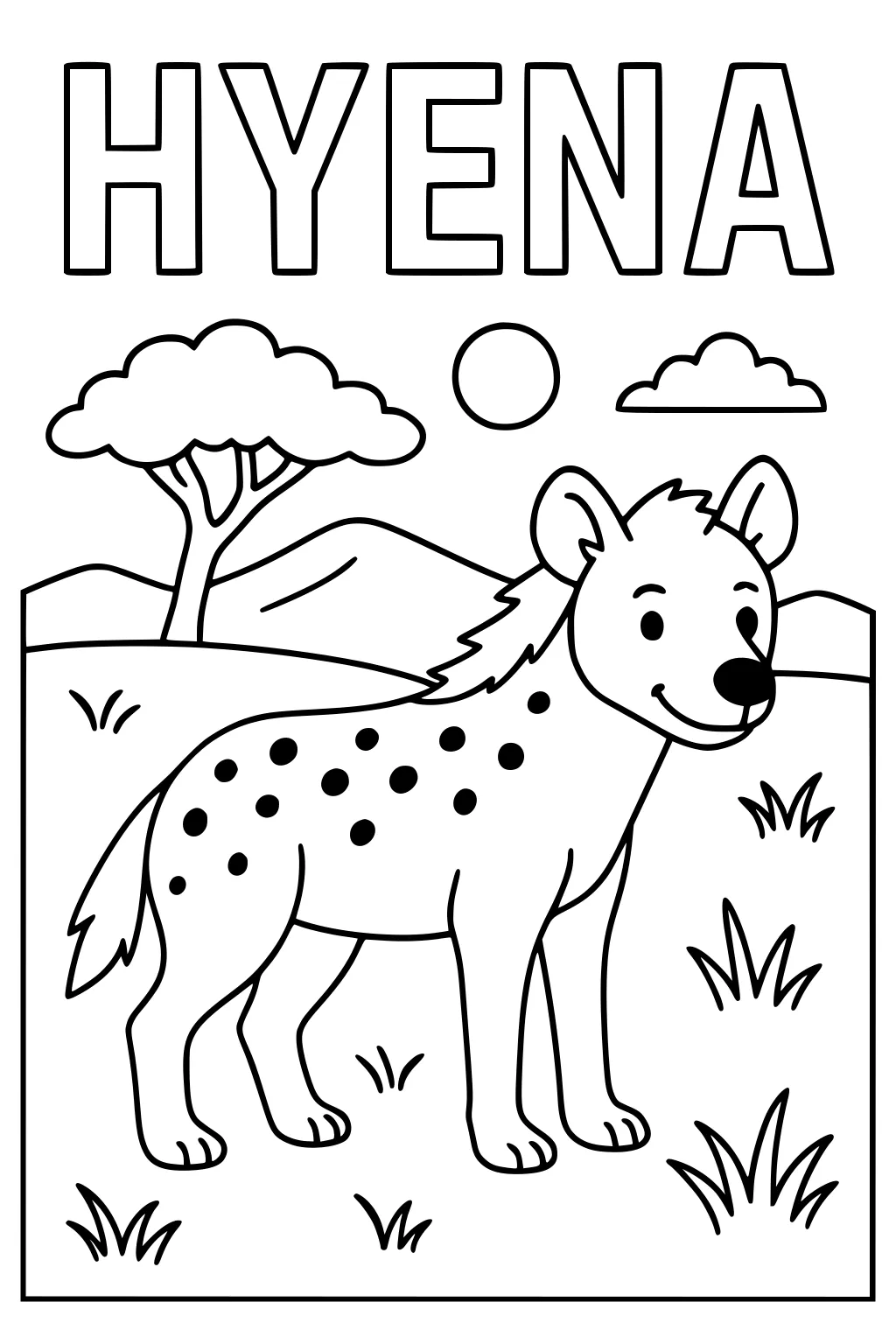 Smiling spotted hyena on grassy savanna with tree, mountains, sun, clouds, and the word HYENA above.