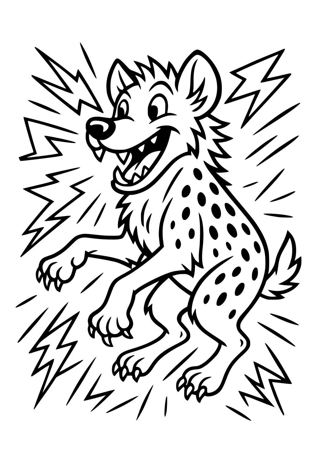 Cartoon hyena with spots and pointy ears, mouth open wide, surrounded by jagged energy lines and ready to laugh.