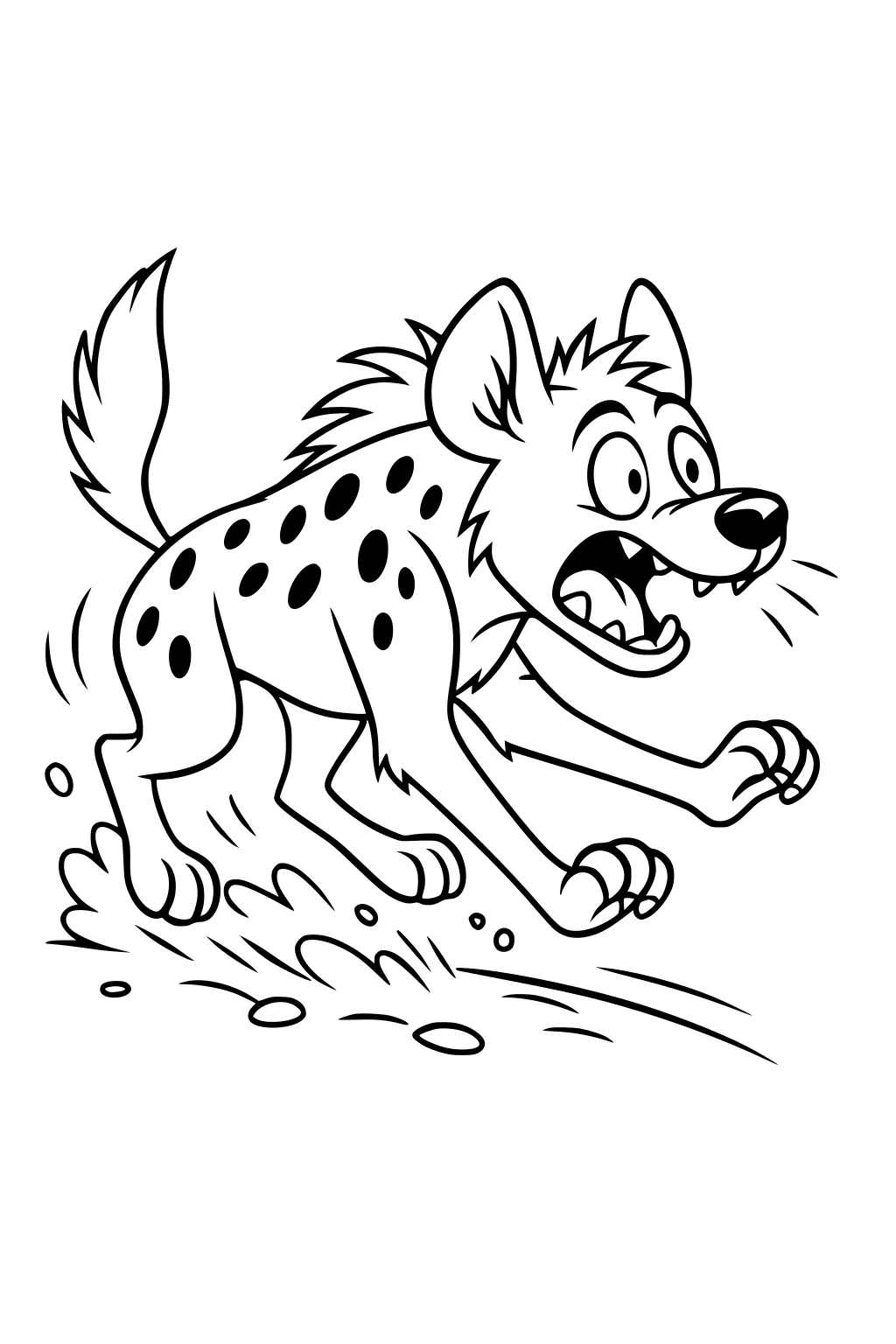 Cartoon hyena running fast with open mouth, surprised eyes, spotted back, and raised tail.