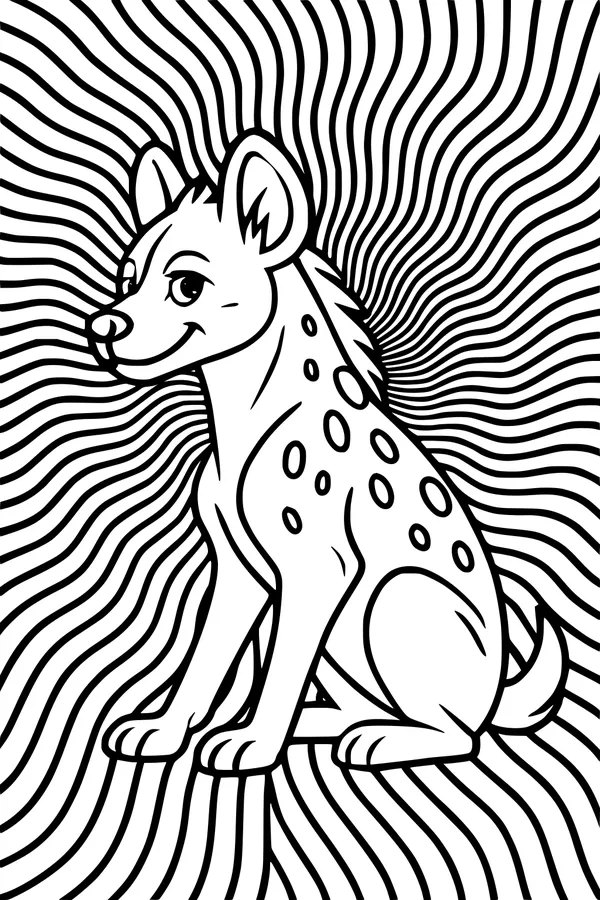 Free Hyena Coloring Page - Smiling Cartoon Hyena in Swirly Jungle (Printable PDF)