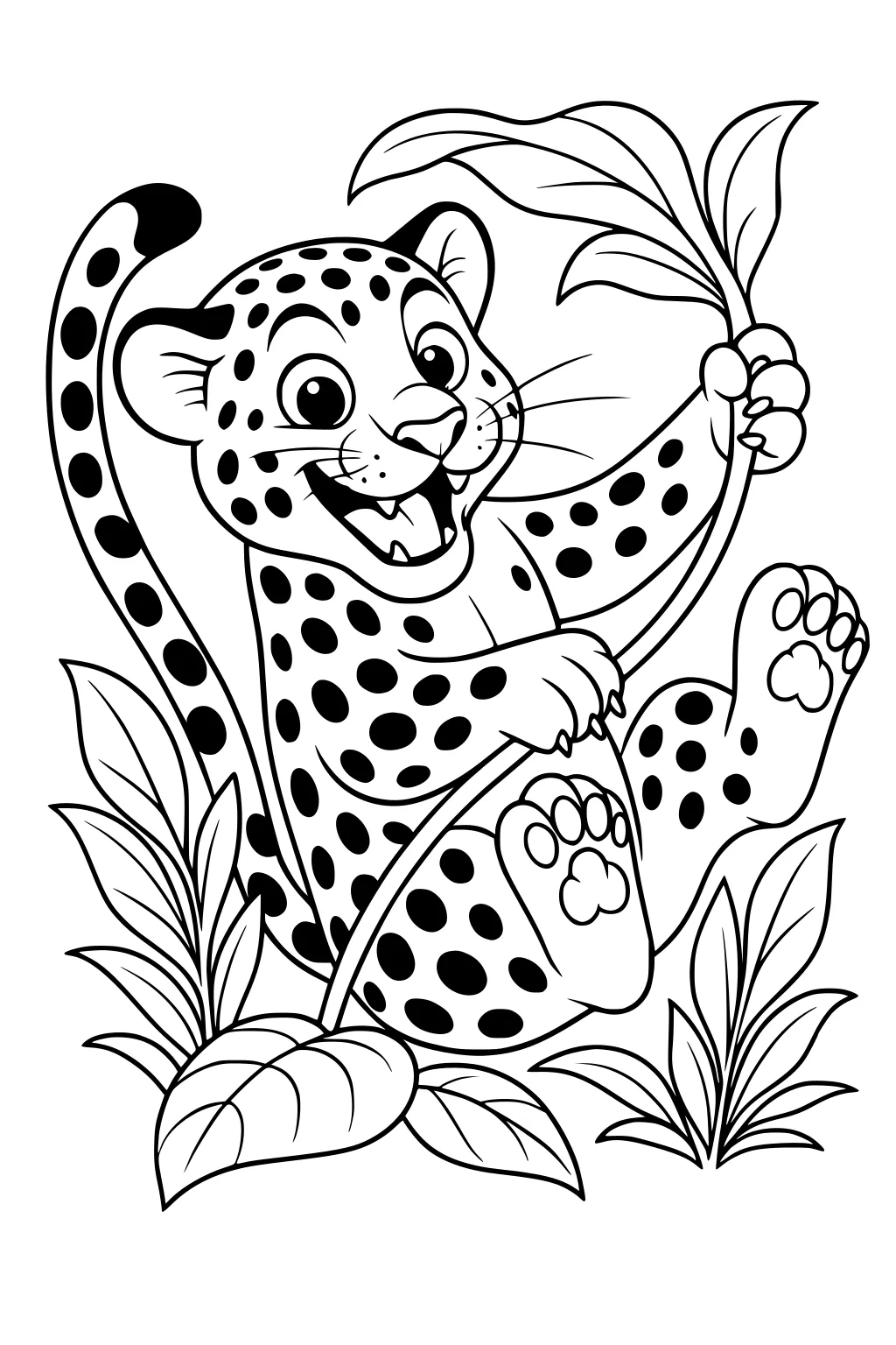 Cartoon jaguar cub with spots swings on a vine surrounded by jungle leaves and plants.