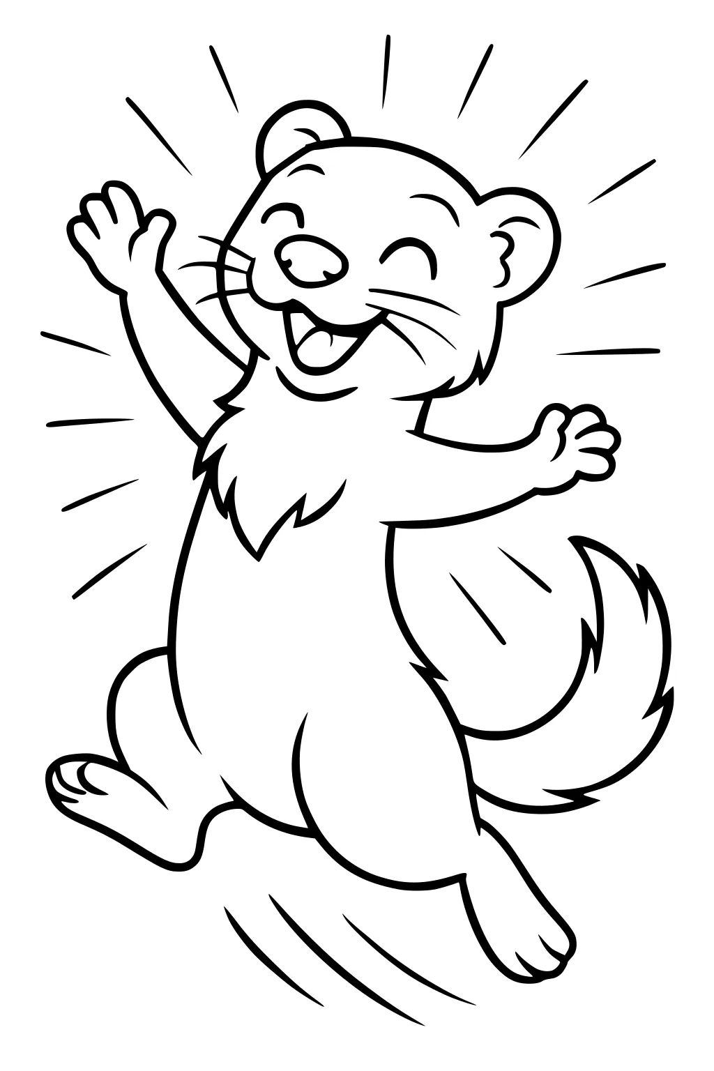 Cartoon ferret jumping with wide paws, big smile, closed eyes, bushy tail, and motion lines showing excitement.