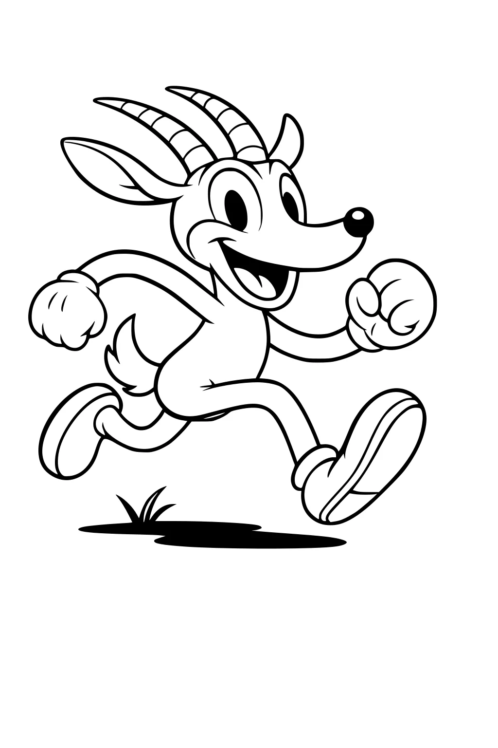 Cartoon gazelle with spiral horns running cheerfully on grass, arms raised, wearing sneakers with wide open mouth and big eyes.