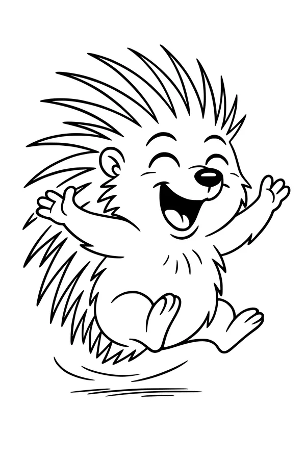 Free Porcupine Coloring Page - Happy Cartoon Porcupine Jumping (Printable PDF)