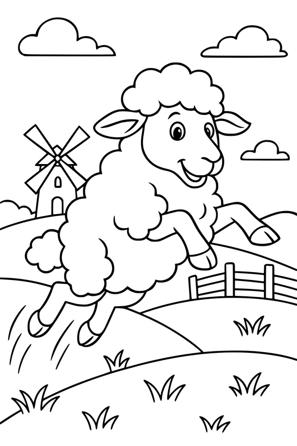 Free Sheep Coloring Page - Springy Sheep Jumping Over Meadow Fence (Printable PDF)