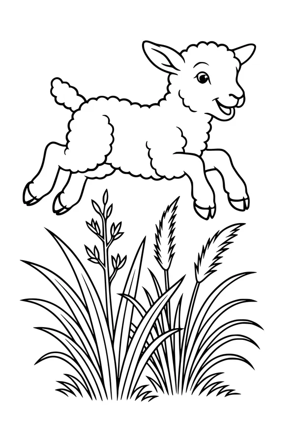 Free Sheep Coloring Page - Happy Lamb Leaping Over Tall Grass (Printable PDF)