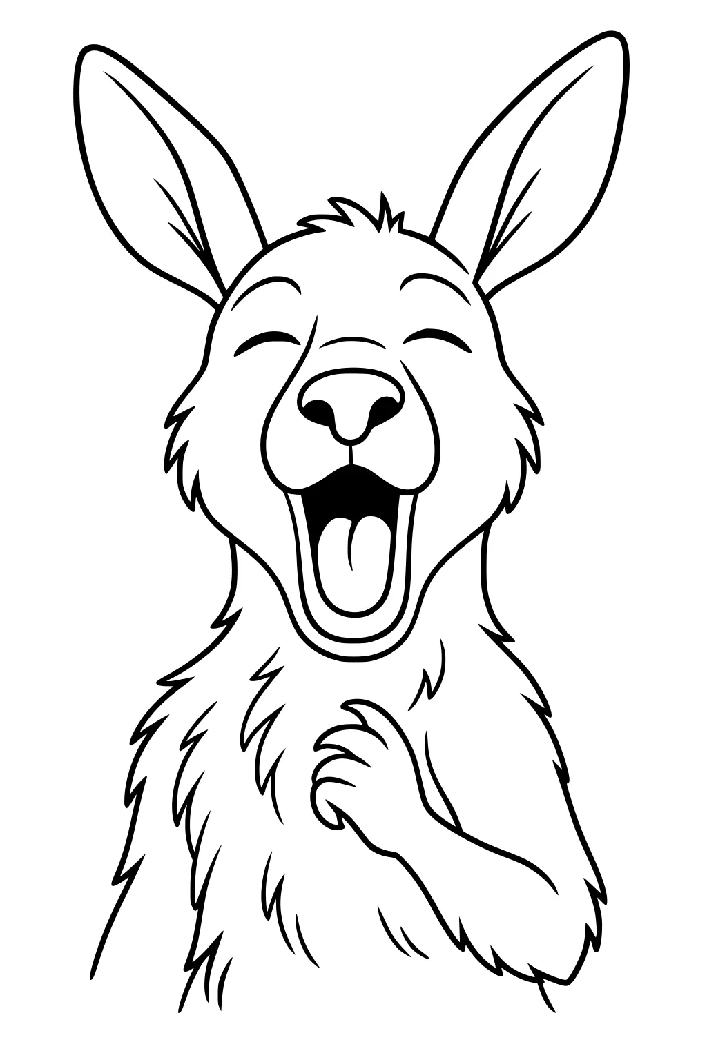 Smiling kangaroo with big ears, fluffy fur, and wide open mouth, one paw on its chest, drawn in simple cartoon lines.