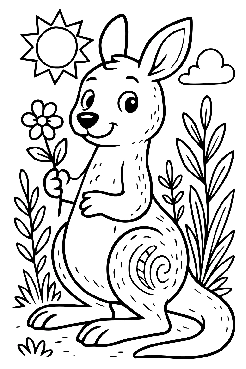 Kangaroo holding a flower, smiling under the sun with leafy plants and a cloud in the background.