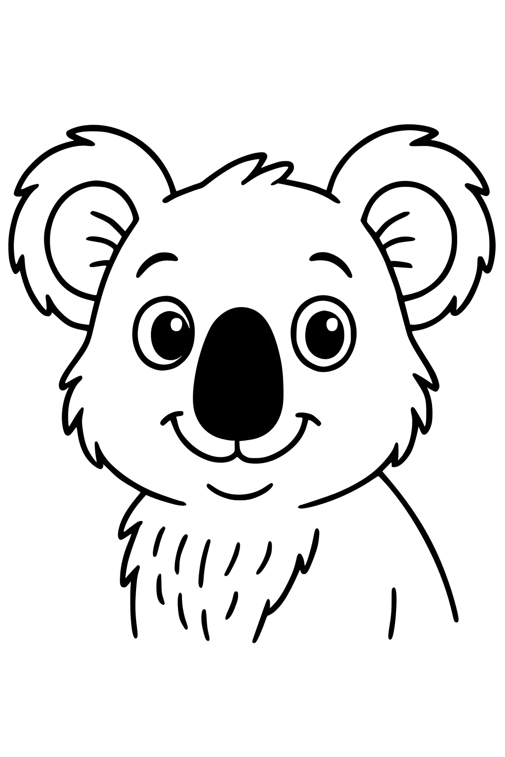 Smiling koala with big fluffy ears, wide eyes, and furry cheeks sitting and looking forward.
