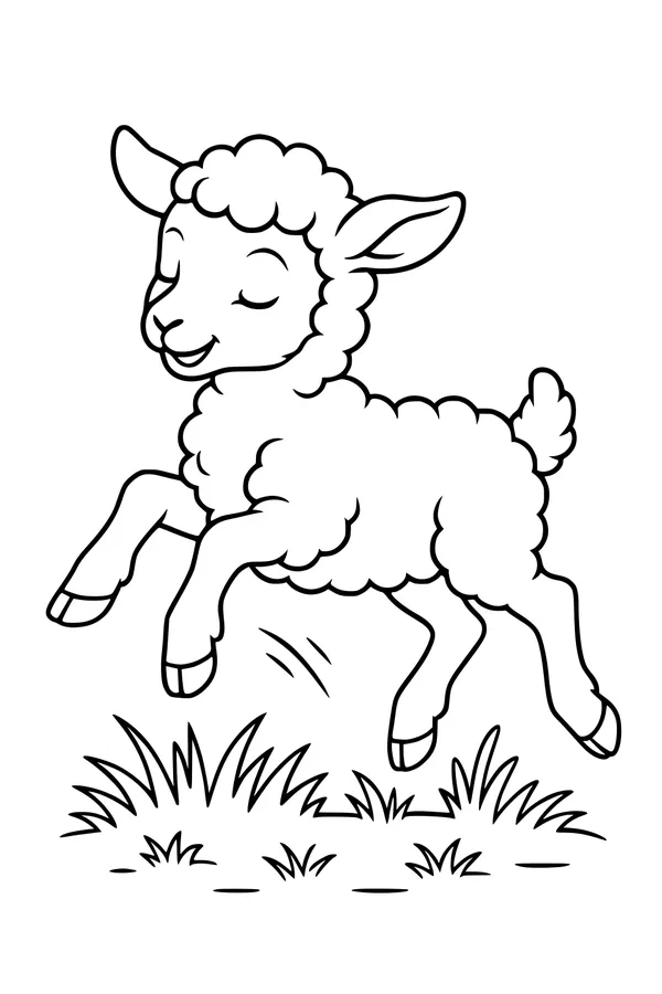 Free Lamb Coloring Page - Leaping Lamb in Spring Grass (Printable PDF)