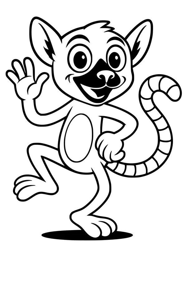 Free Lemur Coloring Page - Happy Cartoon Lemur Waving (Printable PDF)