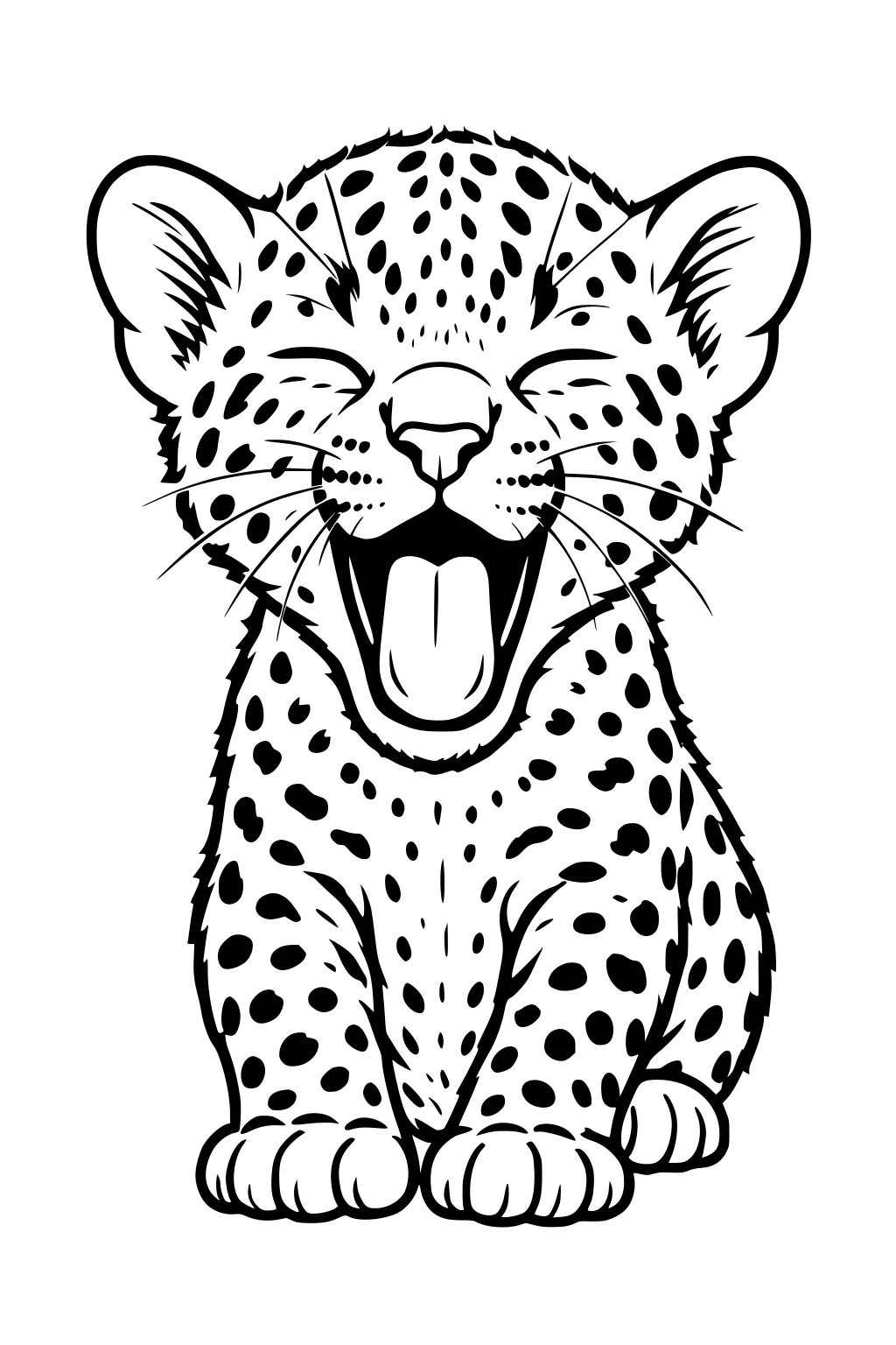 Leopard cub with closed eyes and wide open mouth, fluffy paws, sitting with spotted fur.