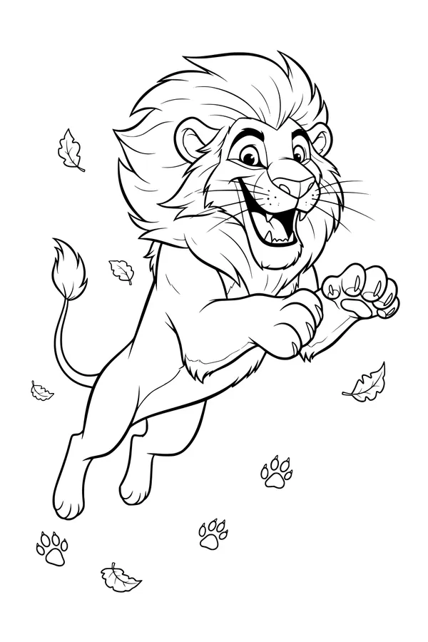 Free Lion Cub Coloring Page - Joyful Leap With Falling Leaves (Printable PDF)