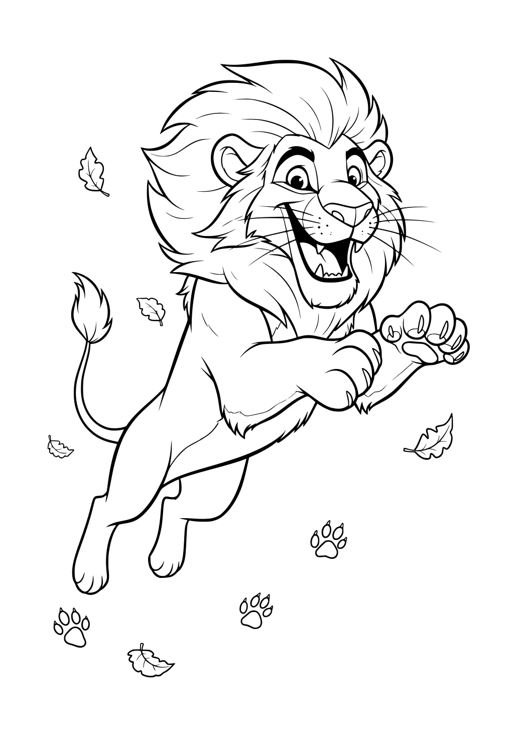 Cartoon lion cub jumping with a big smile, surrounded by scattered leaves and paw prints.