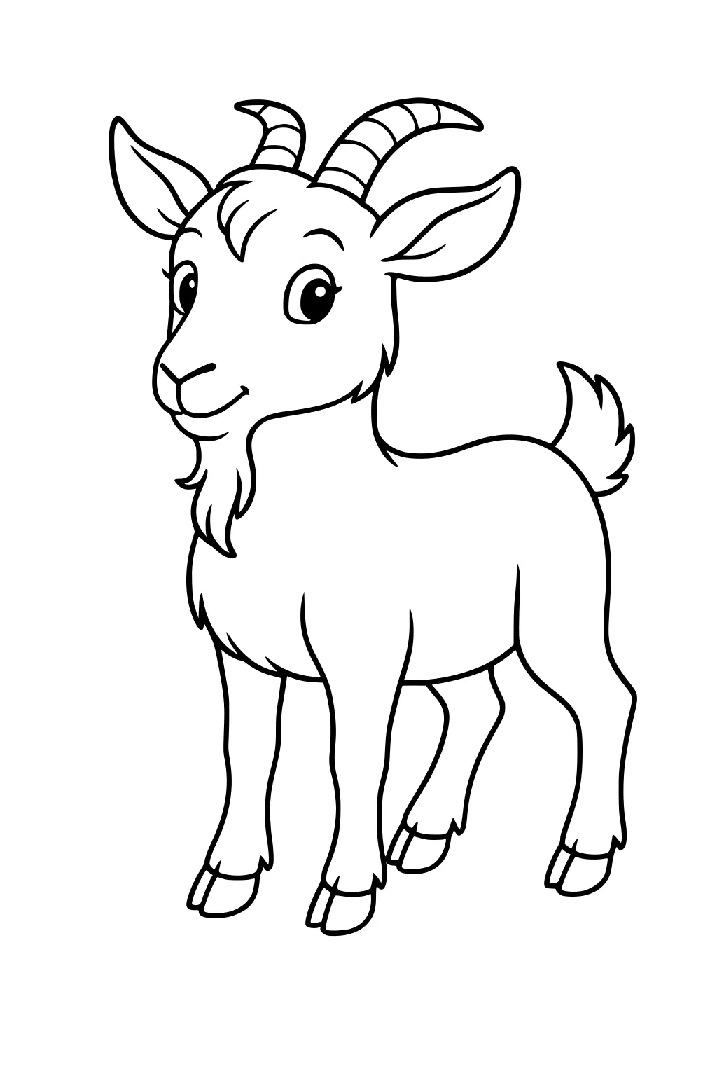 Cartoon goat with curled horns, small beard, pointed ears, and a fluffy tail, standing and smiling warmly.
