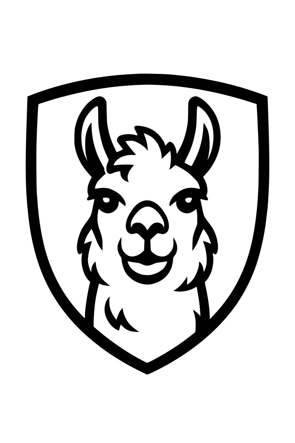 A cartoon llama head with a happy expression inside a thick-lined shield shape, shown from the front.