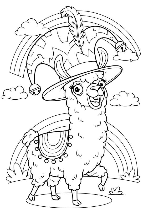 Free Llama Coloring Page - Jolly Llama in Jester Hat Under Rainbows (Printable PDF)