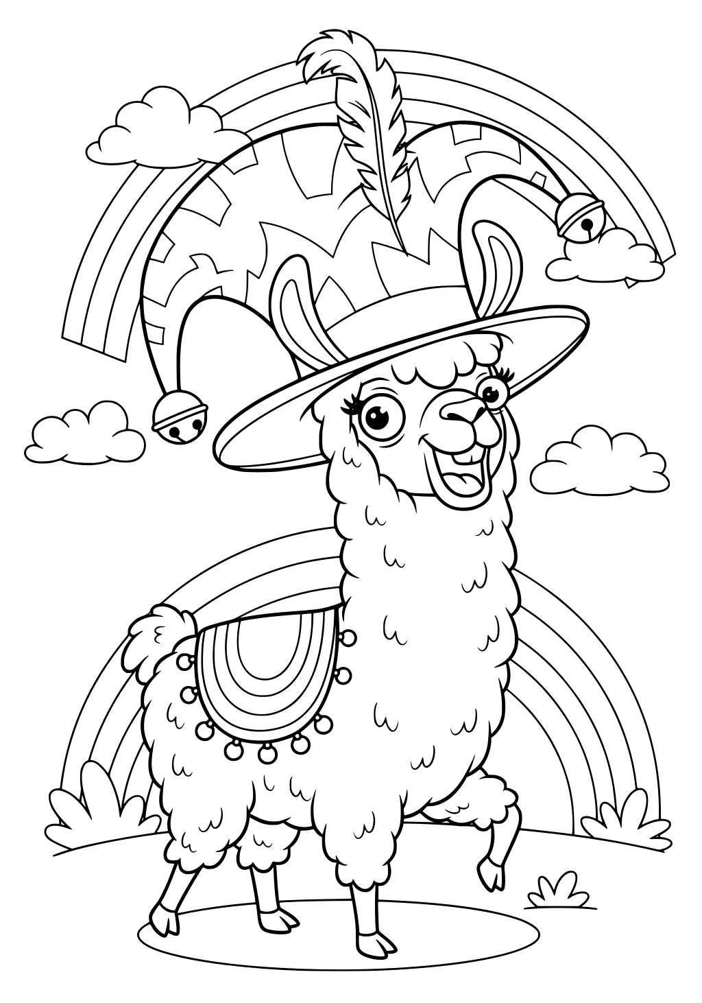 A smiling llama in a jester hat with feather and bells, standing on grass with rainbows, clouds, and plants in the background.