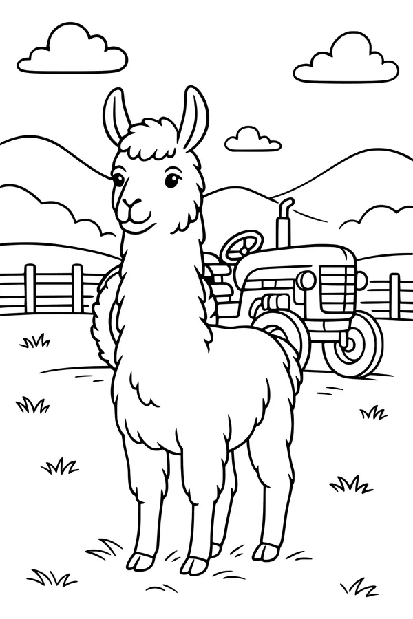 Free Llama Coloring Page - Farm Tractor In Mountain Field (Printable PDF)