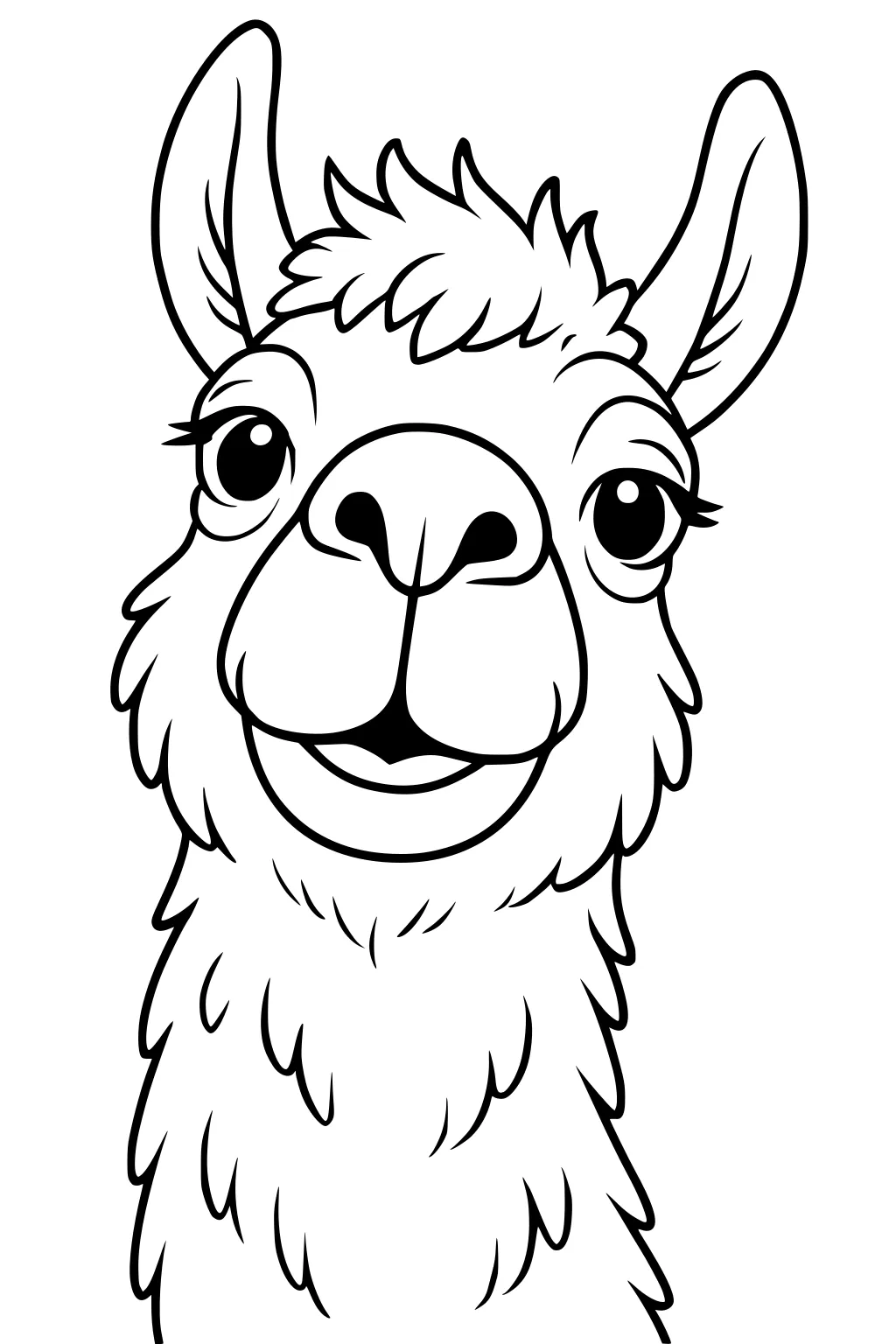 Line drawing of a smiling llama with big eyes, upright ears, and shaggy fur on its face and neck.