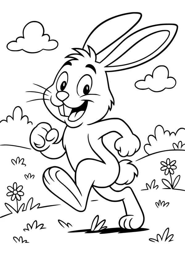 Free Rabbit Coloring Page - Smiling Bunny Running in Sunny Meadow (Printable PDF)