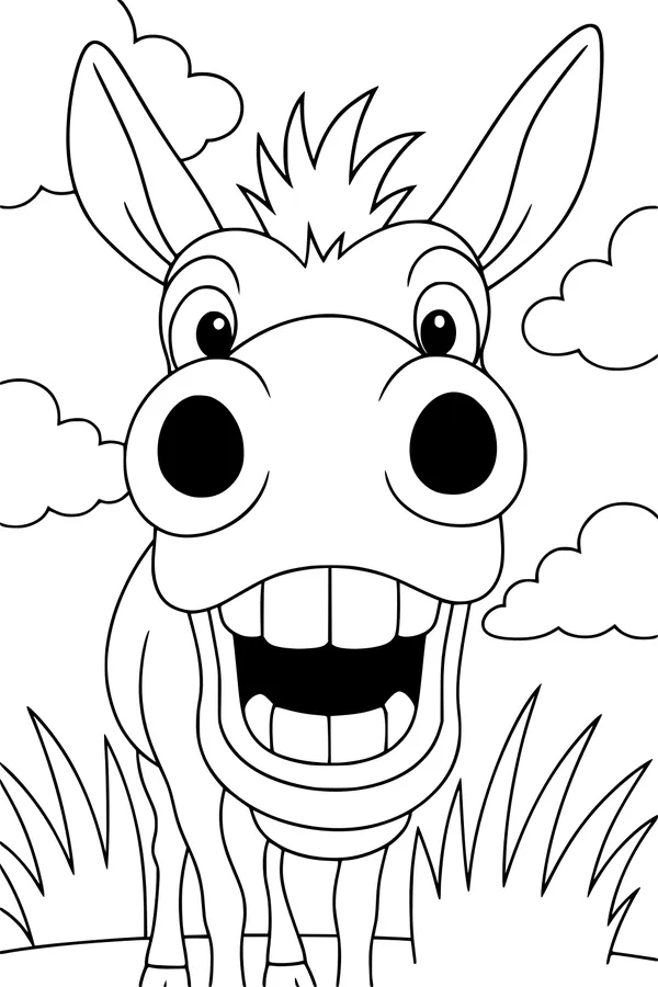 Free Donkey Coloring Page - Smiling Donkey in Sunny Field (Printable PDF)