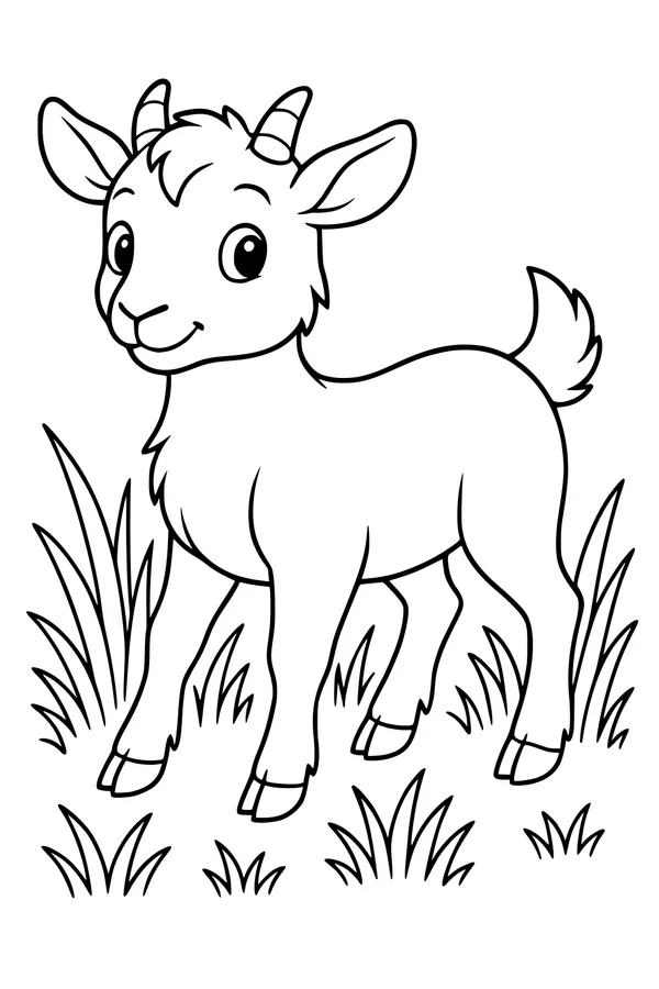 Free Goat Coloring Page - Smiling Baby Goat in Grass (Printable PDF)