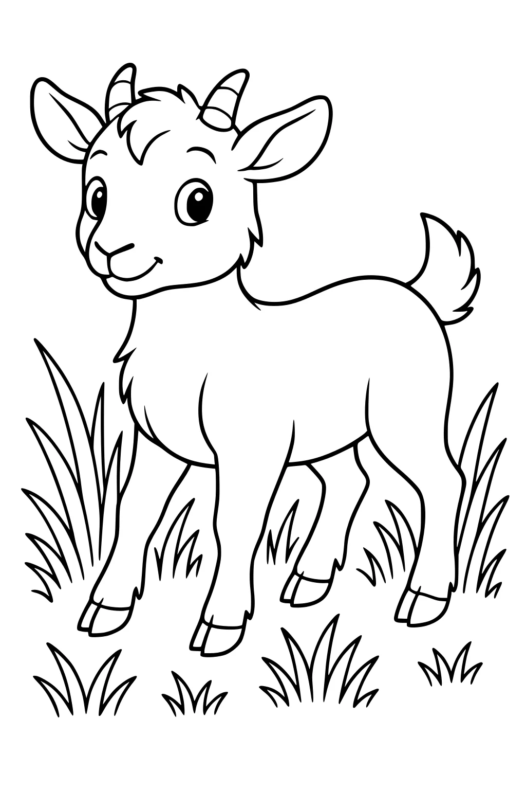Baby goat with small horns, big eyes, and a smile standing in tall grass.
