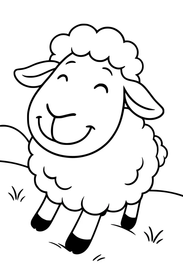 Free Sheep Coloring Page - Smiling Cartoon Sheep in Sunny Meadow (Printable PDF)