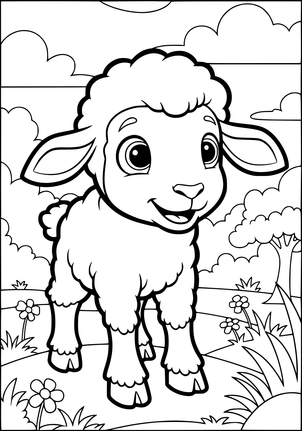 A smiling lamb stands in a field with flowers, grass, trees, and clouds in the background.
